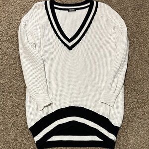 DKNY Black and White Knit V-Neck Sweater